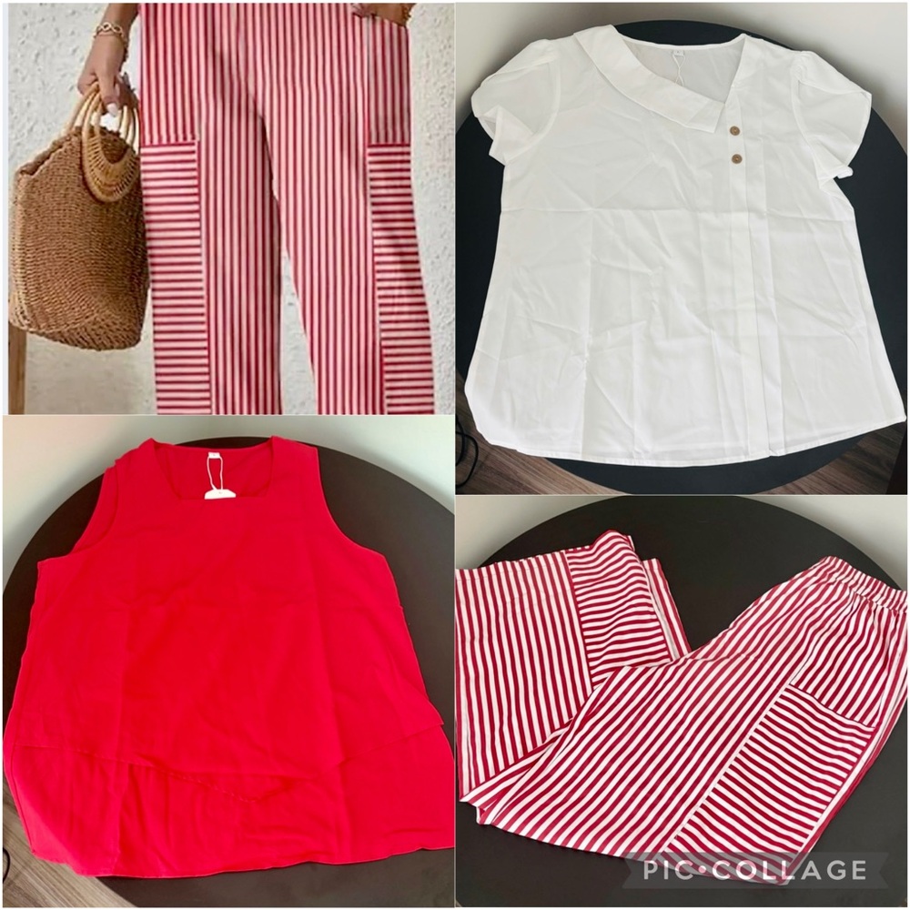 Amazon Essentials Red & White Wide Leg Striped Pants Set with White Top